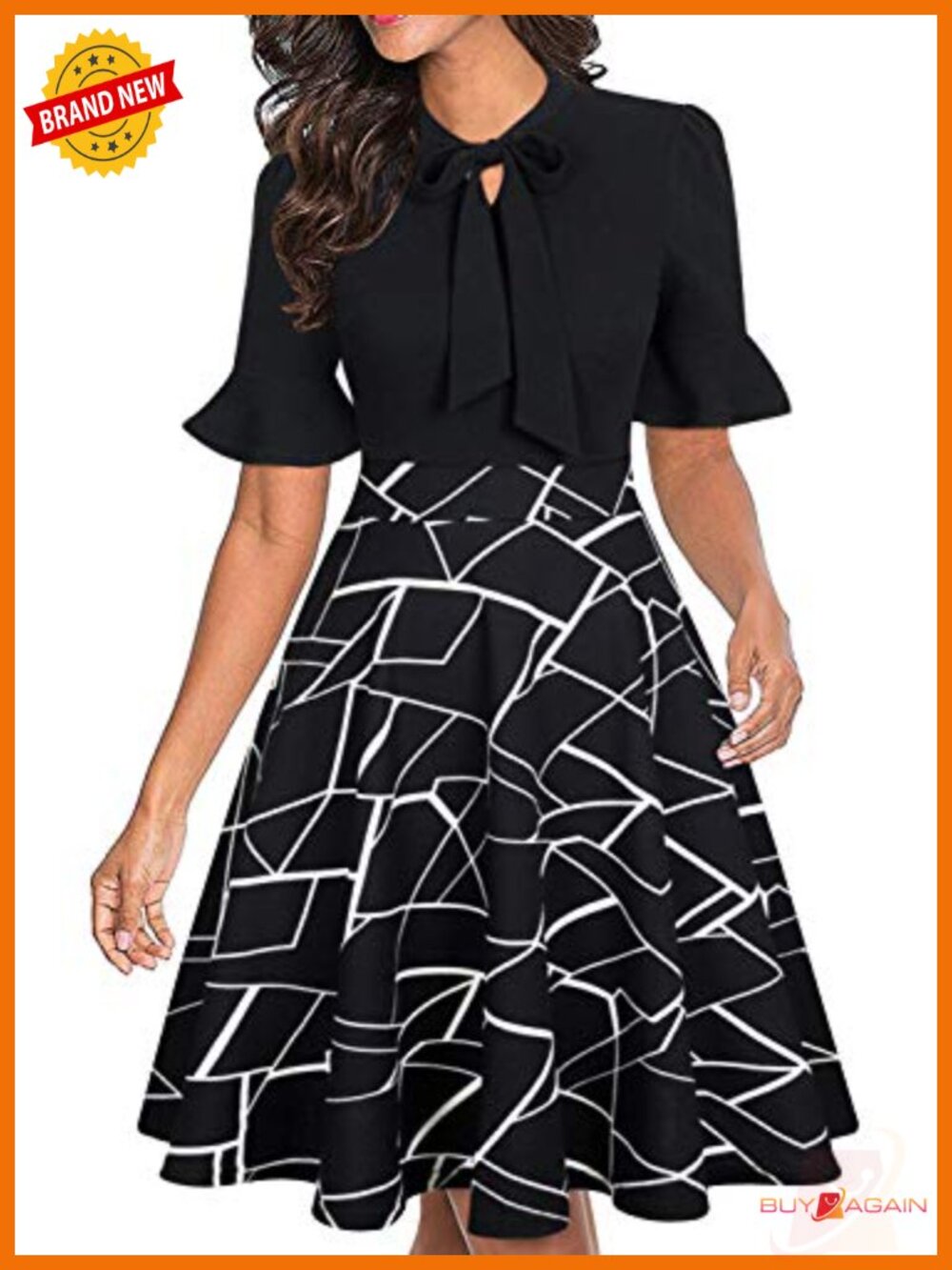 RANPHEE Women's Floral Fit & Flare Midi Dress Ruffle Sleeve Work Church